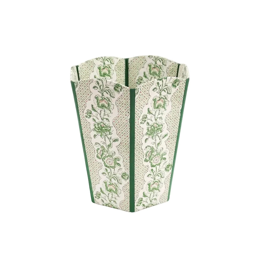 Block-Printed Scalloped Basket - Green Blooming Trellis