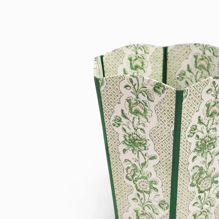 Block-Printed Scalloped Basket - Green Blooming Trellis