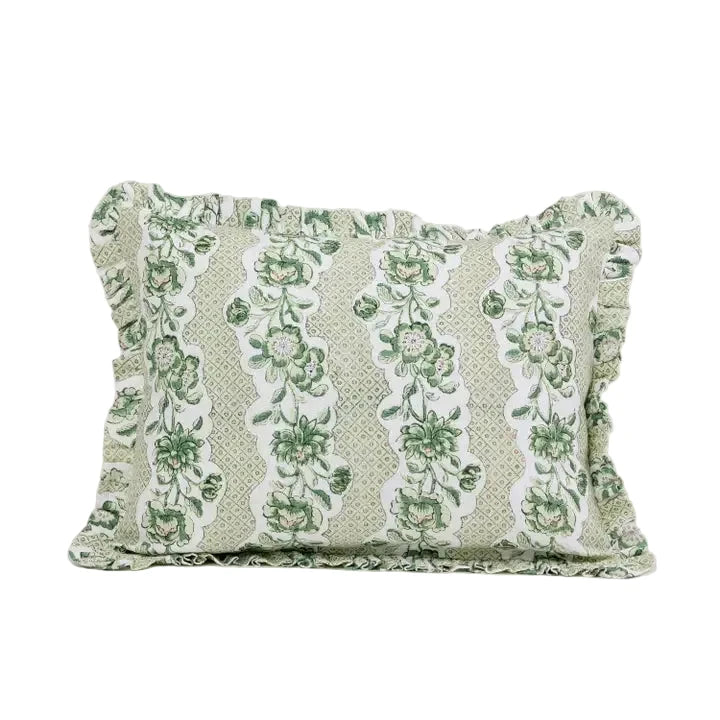 Block Printed Ruffled Cushion Cover - Green Blooming Trellis