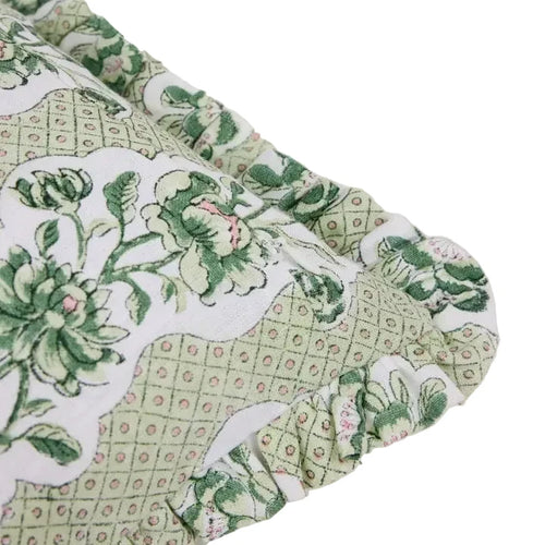Block Printed Ruffled Cushion Cover - Green Blooming Trellis
