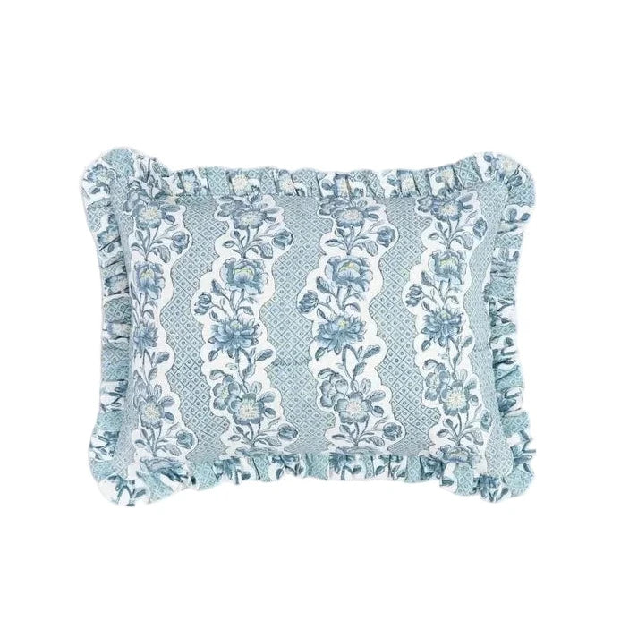 Block Printed Ruffled Cushion Cover- Indigo Blooming Trellis