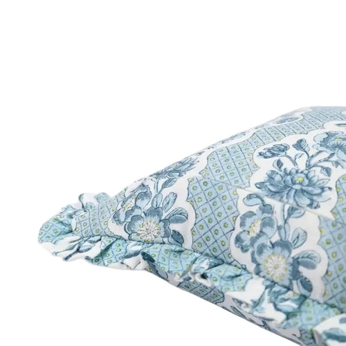 Block Printed Ruffled Cushion Cover- Indigo Blooming Trellis