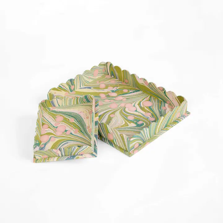Hand Marbled Scalloped Desk Tray Set - Moss Fire Whirl