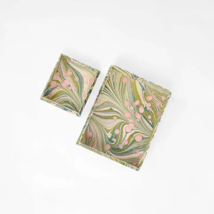 Hand Marbled Scalloped Desk Tray Set - Moss Fire Whirl