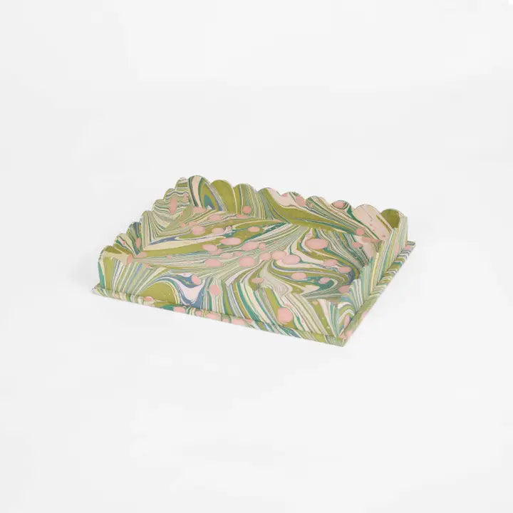 Hand Marbled Scalloped Desk Tray Set - Moss Fire Whirl
